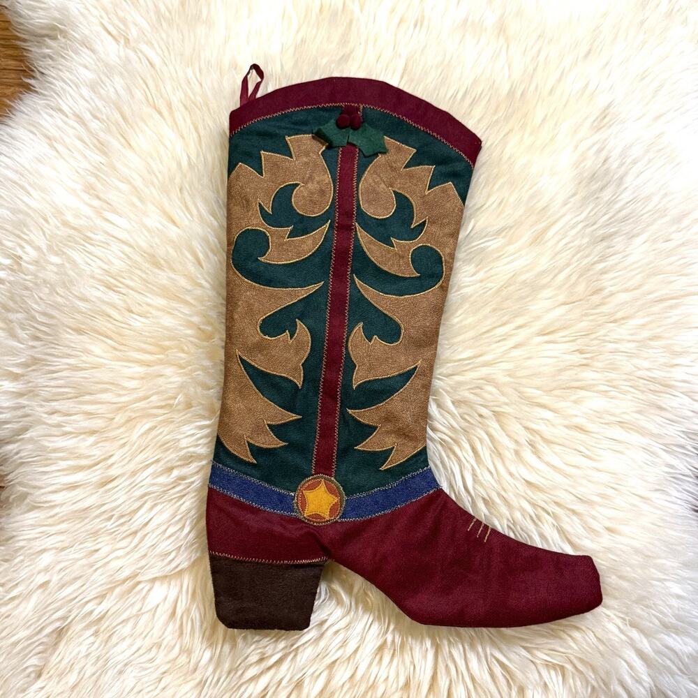 Western Cowboy Boot Christmas Stocking Faux Suede Burgundy Green Brown Patchwork